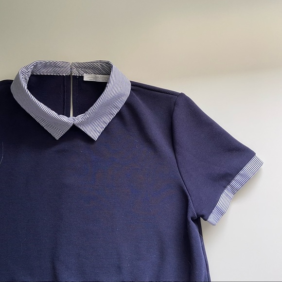 ZARA Poplin Stripped Collar Cuff Detail Short Sleeve Mini Dress Peter Pan Collar - Picture 1 of 4